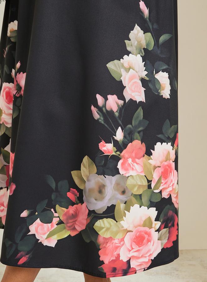 Styli Women Black Floral Print A-Line Midi Skirt - Image 4