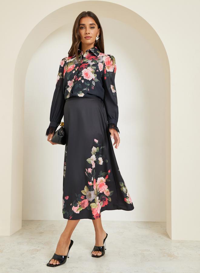 Styli Women Black Floral Print A-Line Midi Skirt - Image 1