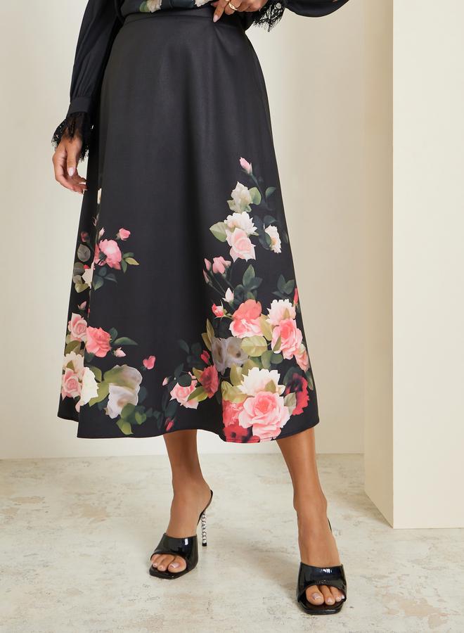 Styli Women Black Floral Print A-Line Midi Skirt - Image 2