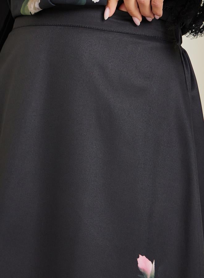 Styli Women Black Floral Print A-Line Midi Skirt - Image 3