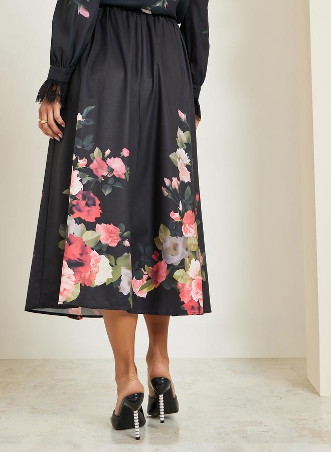 Styli Women Black Floral Print A-Line Midi Skirt - Image 5