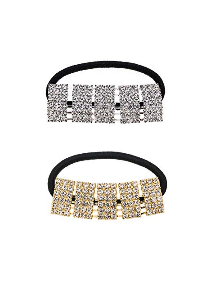 Xiwstar 2Pcs SilverGold Rhinestone Hair Ties Bands Ponytail Holder Headbands Hair Accessories for Women Girls - Image 1