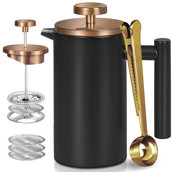 BLACK STAINLESS STEEL FRENCH PRESS COFFEE MAKER DOUBLE WALL INSULATED FRENCH PRESSFOR COFFEETEAWITH 3 EXTRA SCREENS AND A COFFEE SPOON50OZ1500MLGOLD