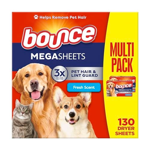 Bounce Pet Hair and Lint Guard Mega Dryer Sheets with 3X Pet Hair Fighters, Fresh Scent, 130 Count, Bounce Dryer Sheets, Fabric Softener Sheets - Image 1