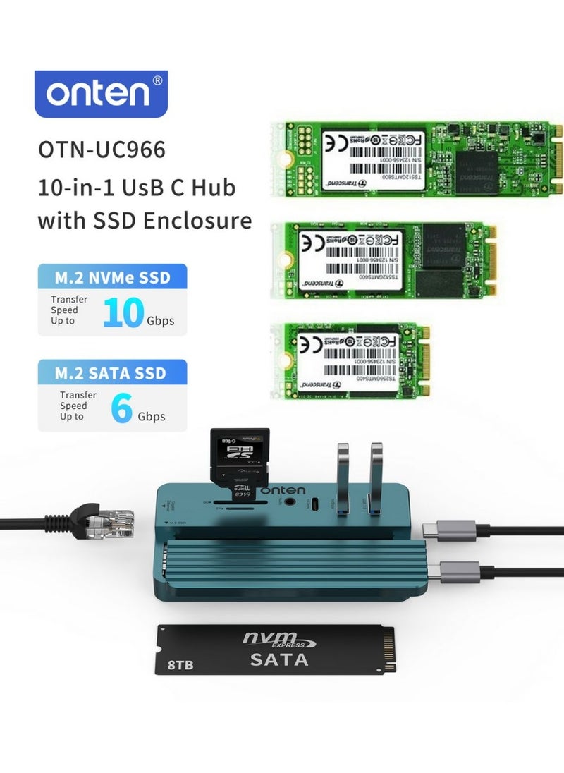 onten onten OTN-UC966 10 Ports USB-C M.2 Solid State Drive Box Expansion Dock (4K60Hz HDMI, Gigabit RJ45, USB3.2 Gen2, USB-C 10 Gbps, USB3.2 Gen1, SD3.0, TF3.0, 3.5mm Jack, USB-C PD100W, M.2 SSD Enclosure)  - Image 2