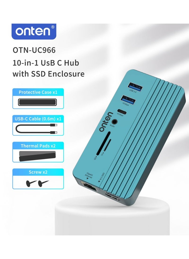 onten onten OTN-UC966 10 Ports USB-C M.2 Solid State Drive Box Expansion Dock (4K60Hz HDMI, Gigabit RJ45, USB3.2 Gen2, USB-C 10 Gbps, USB3.2 Gen1, SD3.0, TF3.0, 3.5mm Jack, USB-C PD100W, M.2 SSD Enclosure)  - Image 1