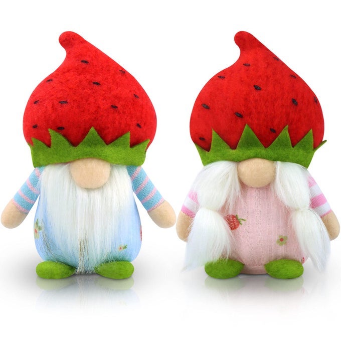 Set of 2 Spring Gnomes Decoration Easter Summer Strawberry Gnome Plush Stuffed Handmade Decor for Home Kitchen Tiered Tray