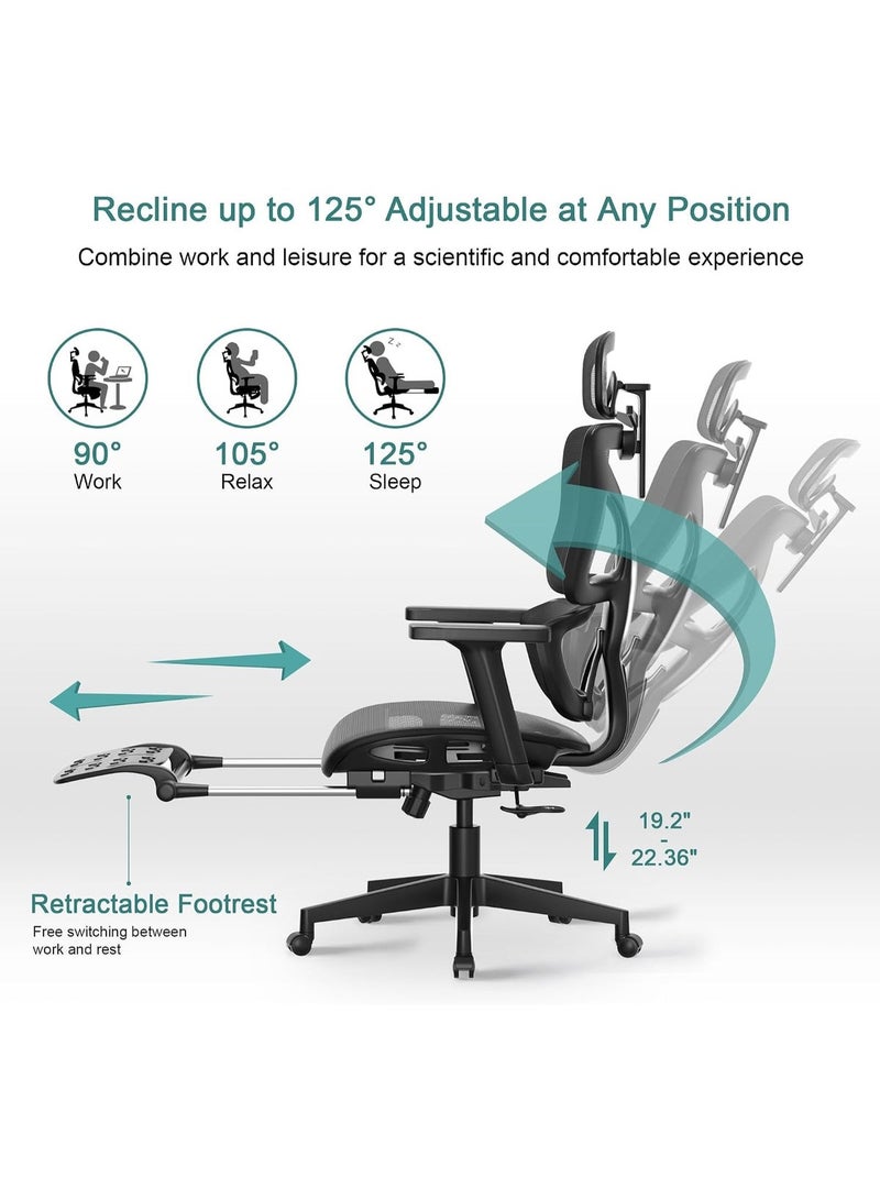 Ergonomic high-back medical office chair with retractable leg rests, 3D armrests, and back support for computer use and work. - Image 3