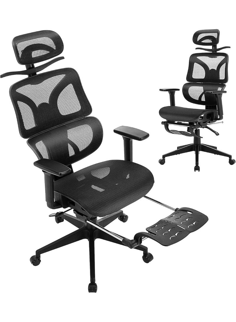 Ergonomic high-back medical office chair with retractable leg rests, 3D armrests, and back support for computer use and work. - Image 1