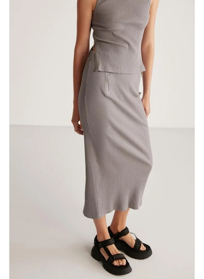 Ethiquet LAUREN Women's Slim Fit Zipper Detailed Midi Grey Skirt.