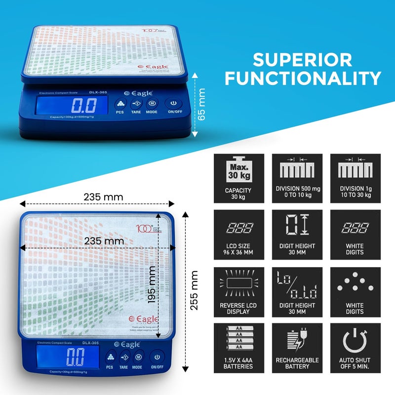 Eagle Digital Weight Machine for Kitchen with 30 kg Capacity, Counting Weighing Scale for Home,Shop, Pharma, Large LCD Dispaly with USB Cable, Overload &Battery Indicator, 1 Year Warranty, DLX-305 - Image 2