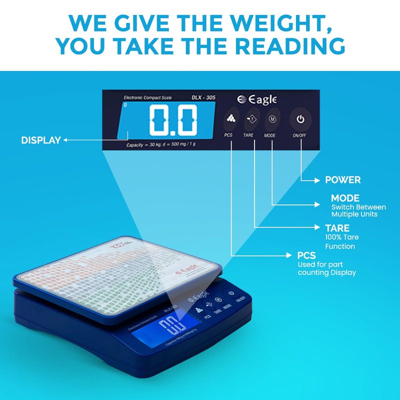 Eagle Digital Weight Machine for Kitchen with 30 kg Capacity, Counting Weighing Scale for Home,Shop, Pharma, Large LCD Dispaly with USB Cable, Overload &Battery Indicator, 1 Year Warranty, DLX-305 - Image 5