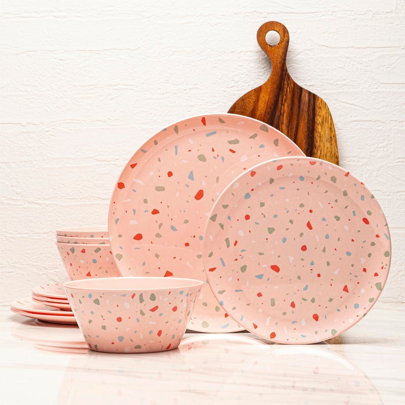 Bzyoo 12Piece Melamine Dinnerware Set  Confetti Pink Plates and Bowl Lightweight BPAFree Dishwasher Safe Dish Set for Indoor  Outdoor Use  Perfect for Camping BBQs Kids Parties