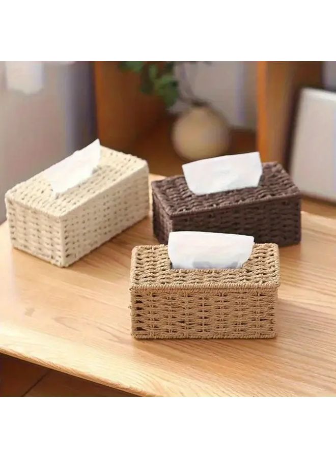 Brown Vintage Handwoven Bohemian Style Tissue Box Holder For Home And Office - Image 2