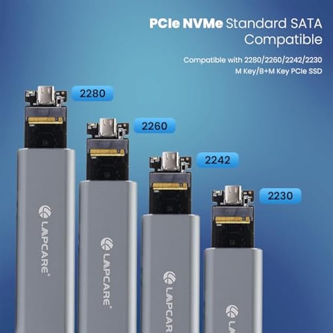 Lapcare حاوية SSD NVME M.2 مع USB 3.1 جين 2 نوع-C، سرعة 10 جيجابت في الثانية، تصميم نحيف، تبديد حراري، تدعم PCIe M.2 SSD (2230/2242/2260/2280) حتى 2 تيرابايت للكمبيوتر، ماك، لينوكس، PS4 - Image 3