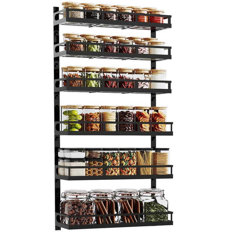 Xcosrack 6Tier WallMounted Spice Rack Organizer with Mixed Basket Sizes HeightAdjustable Hanging Spice Shelf for Kitchen Pantry Cabinet LargeCapacity Seasoning Holder Black