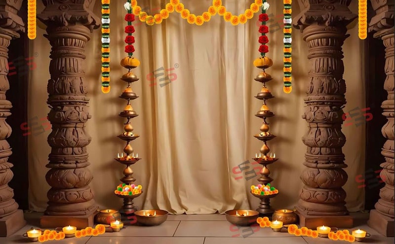 S2S 4 Piller Backdrop Cloth for Pooja Decoration Traditional, Background Decoration Cloth | Curtain Cloth for All Festival, Functions & Ceremonies - (5 x 8 Feet) (4 Piller) - Image 1