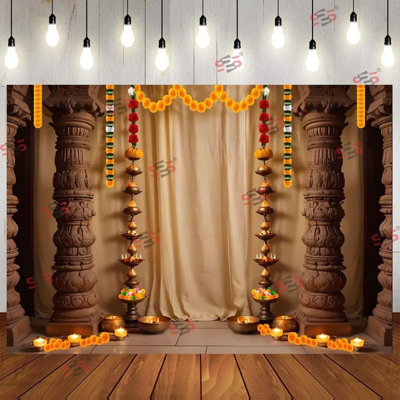 S2S 4 Piller Backdrop Cloth for Pooja Decoration Traditional, Background Decoration Cloth | Curtain Cloth for All Festival, Functions & Ceremonies - (5 x 8 Feet) (4 Piller) - Image 2