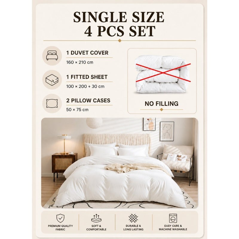 Single Size 4 Pieces Bedding Set Washable Cotton Snow White - Image 2