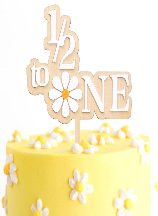 UOAOU Daisy 1/2 Birthday Cake Topper - Groovy 6 Months Birthday Decorations, Wooden 1/2 & Six Months Girl Cake Smash Party Photo Prop - Image 1