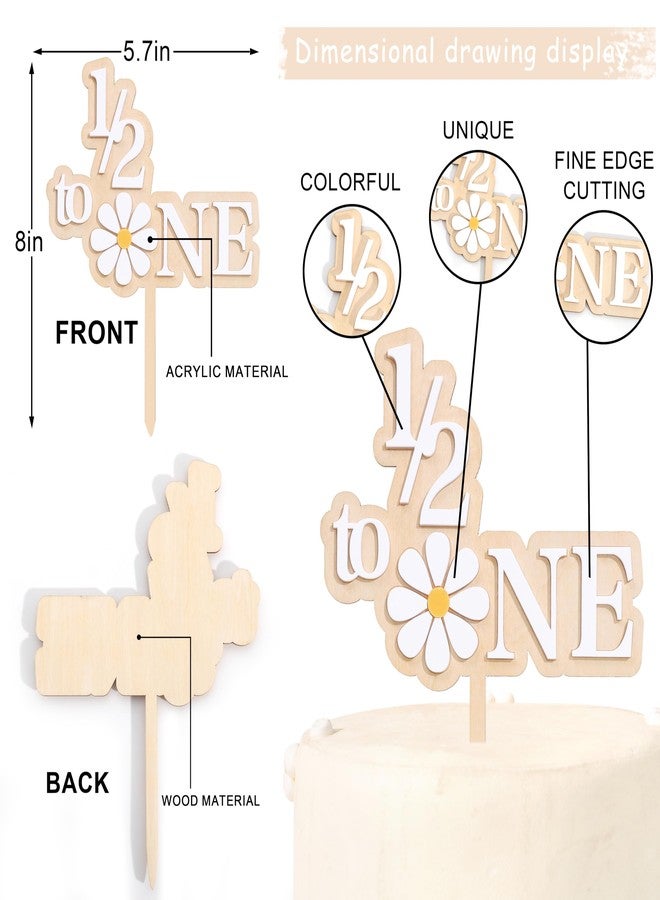UOAOU Daisy 1/2 Birthday Cake Topper - Groovy 6 Months Birthday Decorations, Wooden 1/2 & Six Months Girl Cake Smash Party Photo Prop - Image 2