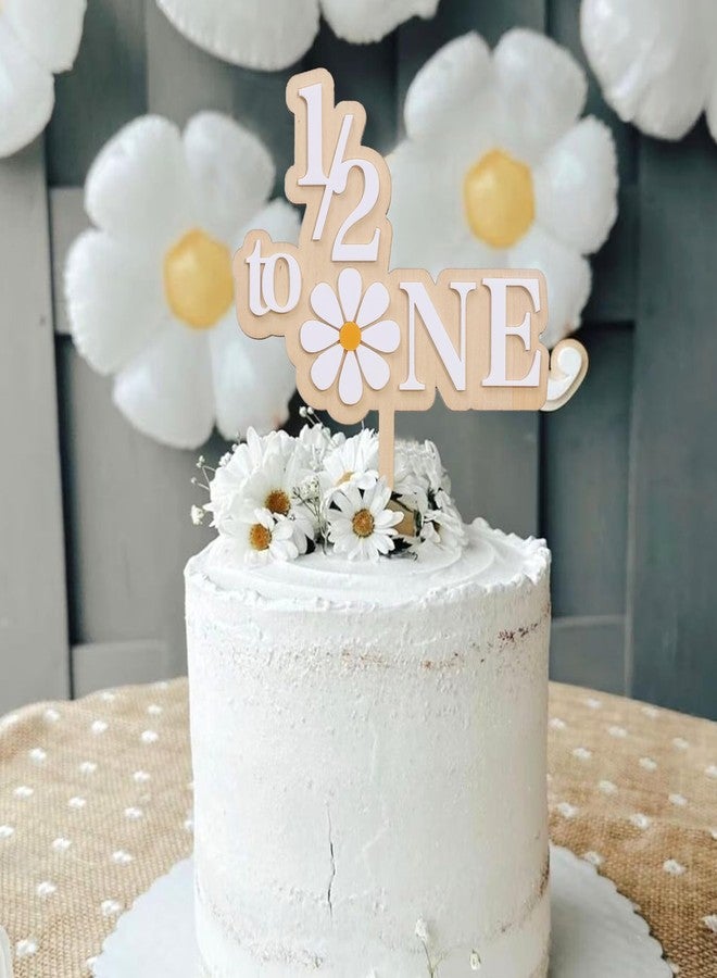 UOAOU Daisy 1/2 Birthday Cake Topper - Groovy 6 Months Birthday Decorations, Wooden 1/2 & Six Months Girl Cake Smash Party Photo Prop - Image 3