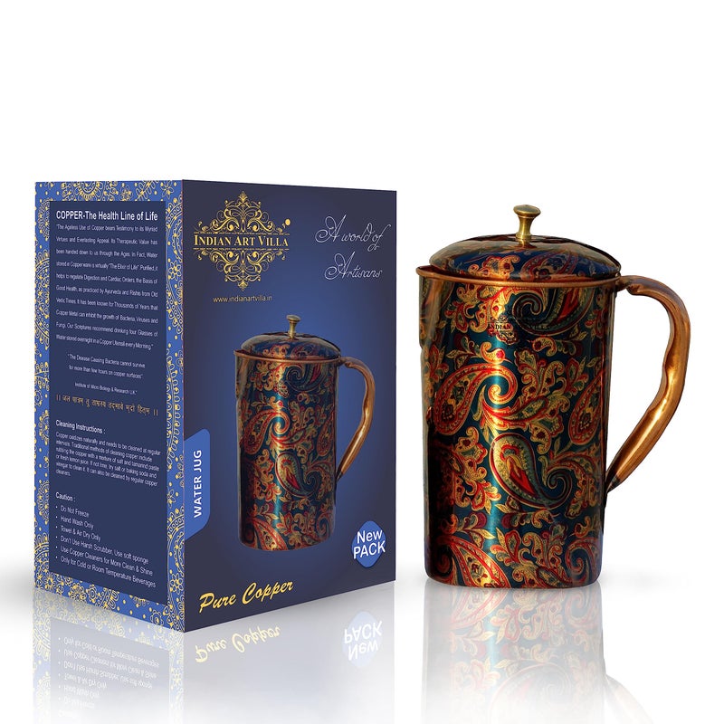 Indian Art Villa Printed Copper Jug Pitcher, Storage & Serving Water, Yoga Ayurveda Healing, 1500 ML - Image 1