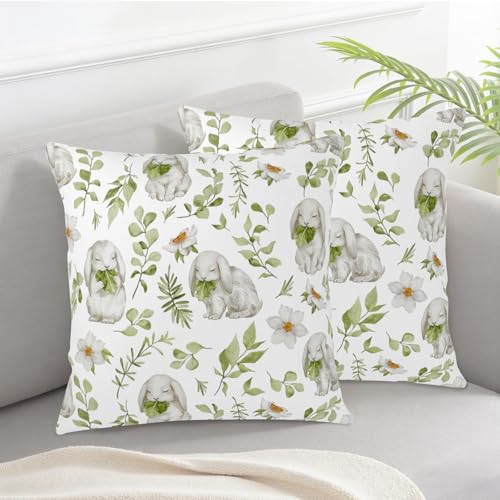 Wnoesat Easter Outdoor Pillow Covers 18x18 Set of 2 Sage Green Bunny Floral Leaf Throw Pillow Covers Spring Rabbit Flower Farmhouse Pillowcase for Home Couch Sofa Decor - Image 3