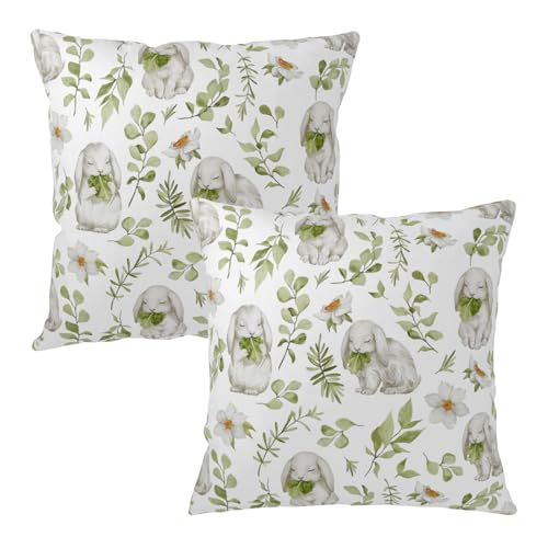 Wnoesat Easter Outdoor Pillow Covers 18x18 Set of 2 Sage Green Bunny Floral Leaf Throw Pillow Covers Spring Rabbit Flower Farmhouse Pillowcase for Home Couch Sofa Decor - Image 1