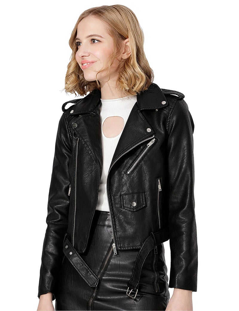 Jhichic Women's Faux Leather Textured Short Moto Jacket Zip-up Slim PU Biker Coat with Pockets (Black, L) - Image 1