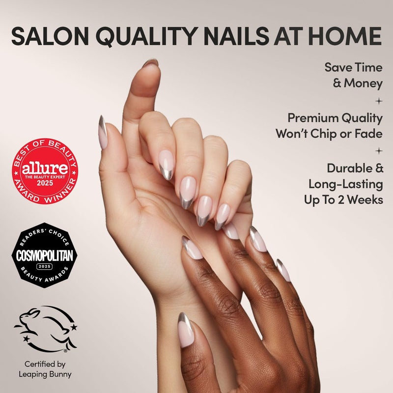 Glamnetic All storage type compatible Press On Nails - Mirror Mirror | Trendy Short Almond Nails with Metallic Chrome Silver French Tips | 15 Sizes - 30 Nail Kit with Glue Foldable - Image 2