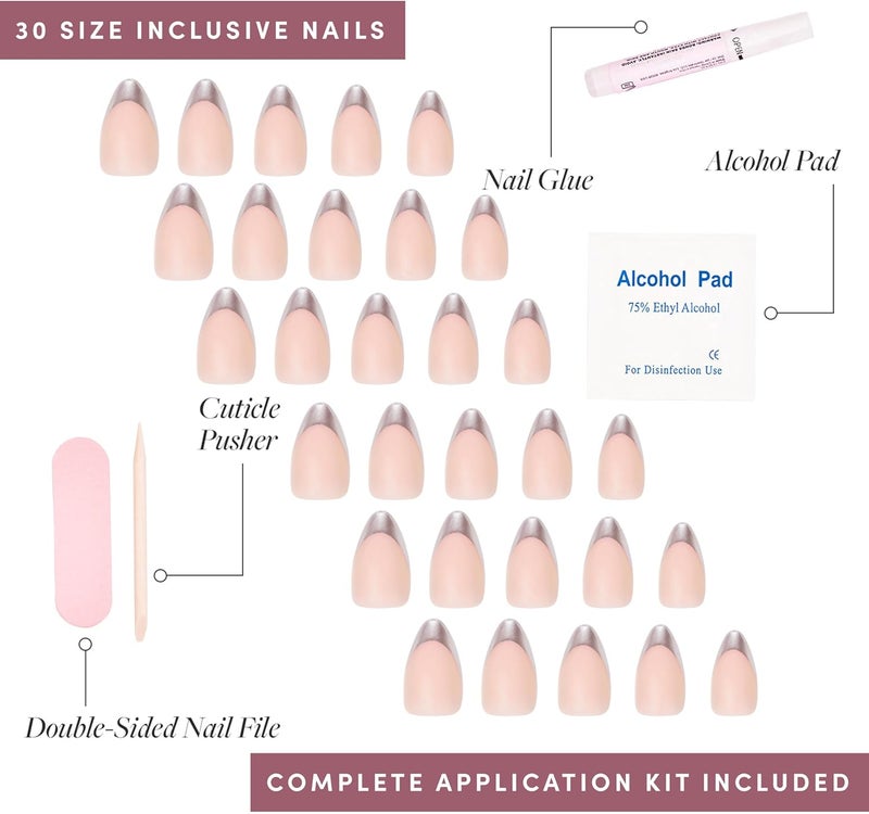 Glamnetic All storage type compatible Press On Nails - Mirror Mirror | Trendy Short Almond Nails with Metallic Chrome Silver French Tips | 15 Sizes - 30 Nail Kit with Glue Foldable - Image 4