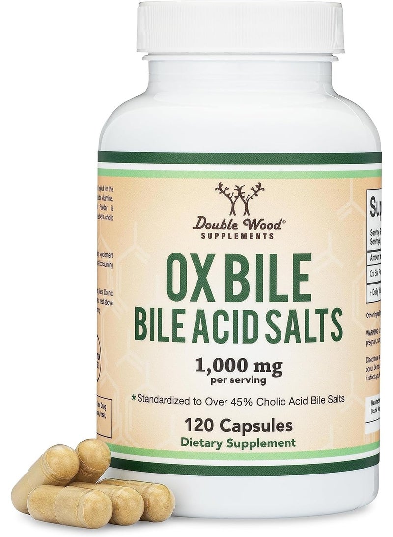 Ox Bile Supplement for No Gallbladder (1,000mg Per Serving, 500mg per Capsule, 120 Capsules) Standardized to 45% Cholic Acid Bile Salts to Help Address Bile Salt Deficiencies by Double Wood