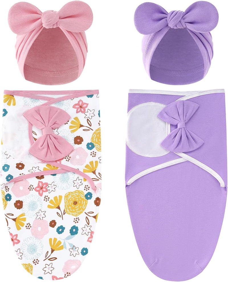 2 Pack Adjustable Soft Cotton Blend Newborn Baby Receiving Swaddle Blankets Sleep Sacks with Big Bow Hats Caps Beanies Bonnets for Baby Girls Newborns Infants (Floral Pink+Purple)