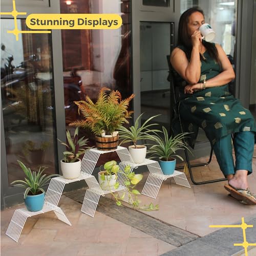 Meshable Grandis Metal Plant, Gamla Stand for Balcony & Living Room with a Elegant Design & Rust Free, Decorative Pot Stand For Indoor & Outdoor for Holding 6 Plant Pots, Small Pack of 6 - White - Image 3