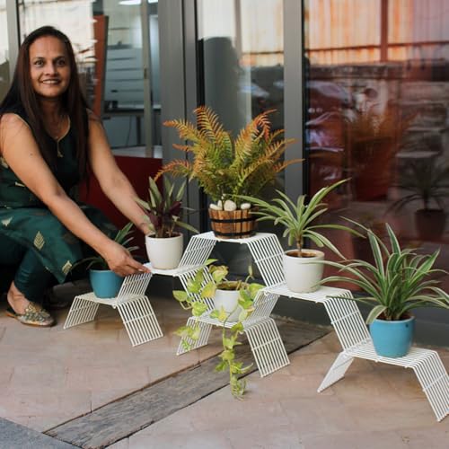 Meshable Grandis Metal Plant, Gamla Stand for Balcony & Living Room with a Elegant Design & Rust Free, Decorative Pot Stand For Indoor & Outdoor for Holding 6 Plant Pots, Small Pack of 6 - White - Image 4