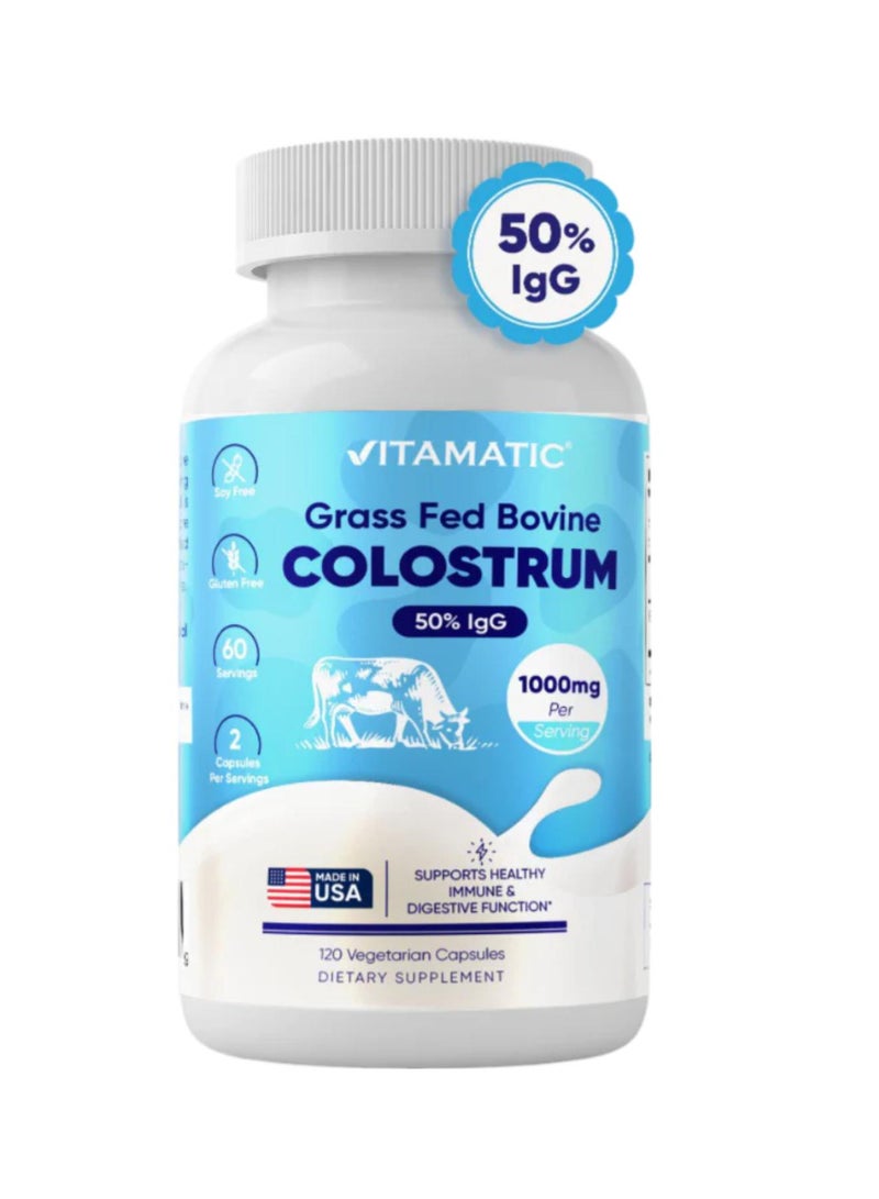 Vitamatic Grass Fed Bovine Colostrum 120 Vegetarian Capsules (500 mg per Capsule)