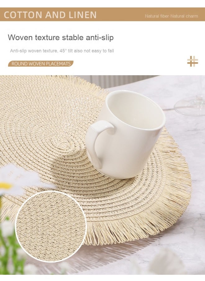 NIBEMINENT 2pcs38cm Round Paper Braided Placemat Paper Tassel Home Restaurant Insulation Mat Coaster Decorative Mat  - Image 3