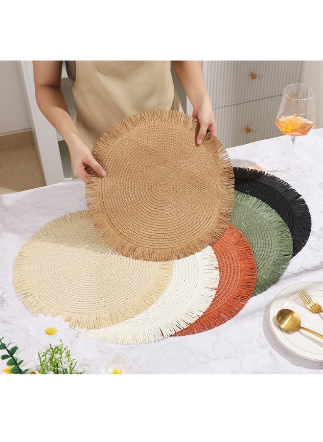 NIBEMINENT 2pcs38cm Round Paper Braided Placemat Paper Tassel Home Restaurant Insulation Mat Coaster Decorative Mat  - Image 4