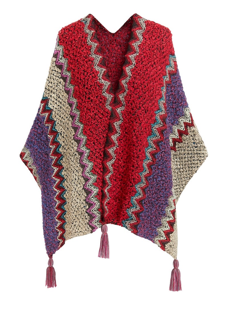 Fabienne Women’s Poncho Shawl Boho Zigzag Knit Wrap Open Front Warming Cardigan Sweater with Tassels Red - Image 1