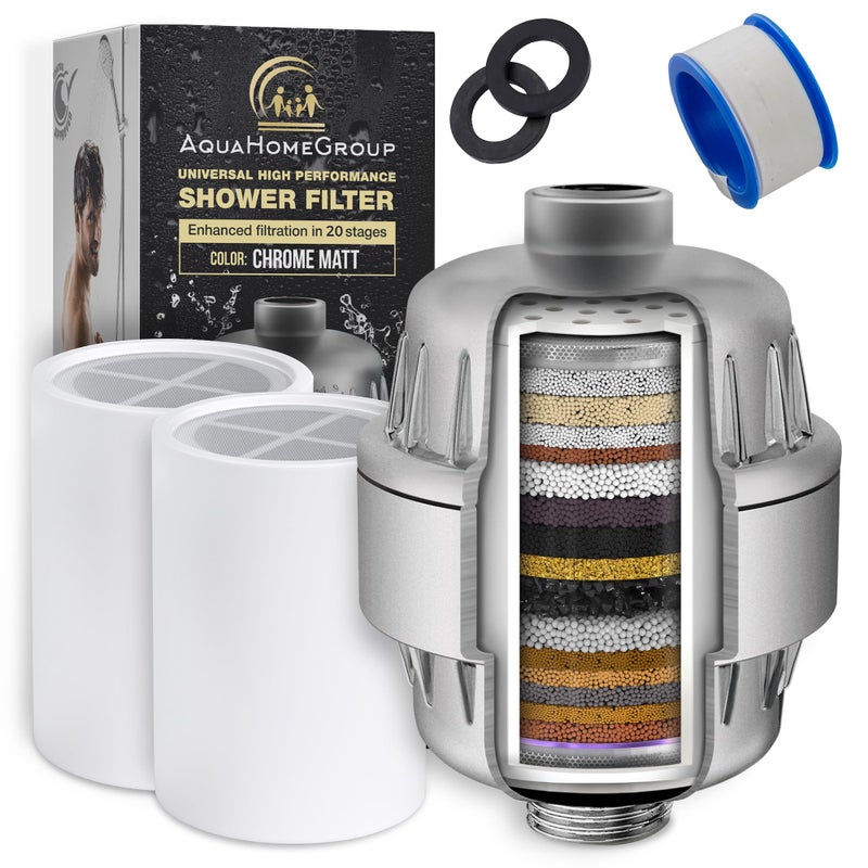 فلتر رأس الدش من AquaHomeGroup بــ 20 مرحلة مع فيتامين C و E و A للمياه العسرة  فلاتر مياه عالية الإنتاجية لإزالة الكلور والفلورايد  مع 2 خرطوشة مرفقة  فلتر رأس دش بتدفق ثابت