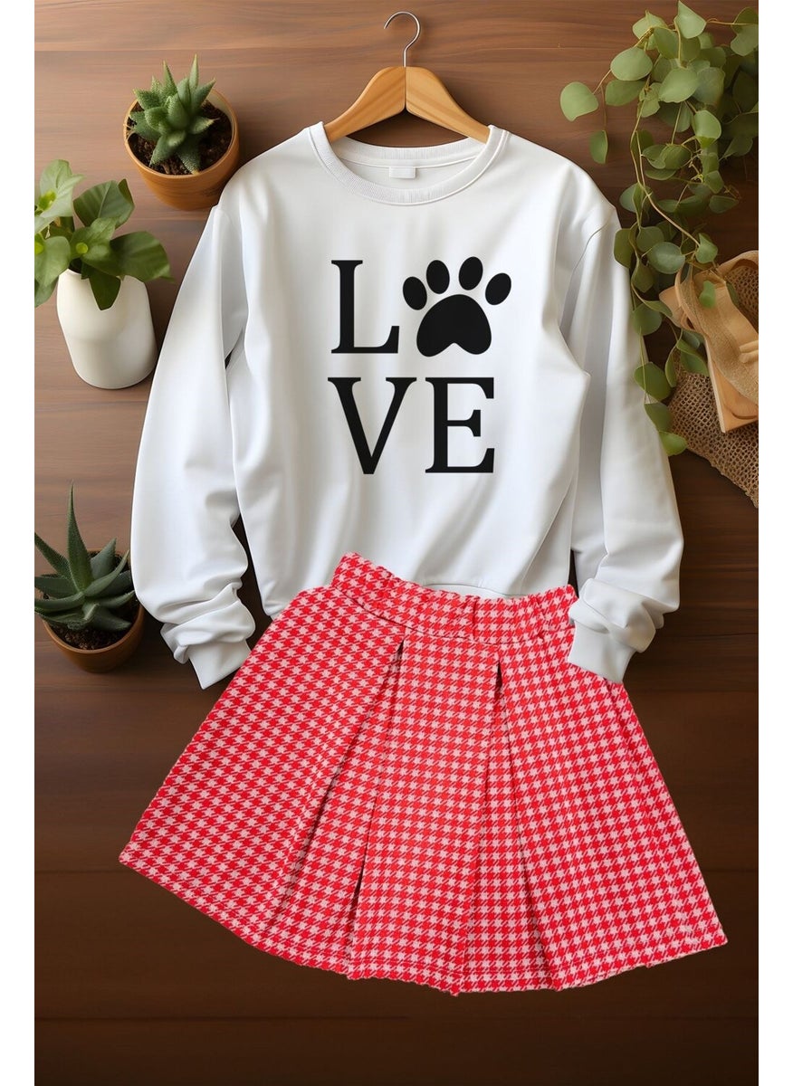 Ada Bebek Çocuk - Ada Baby Child Style Plaid Skirt Love Pati Sweat Skirt Top and Bottom Set - Image 1