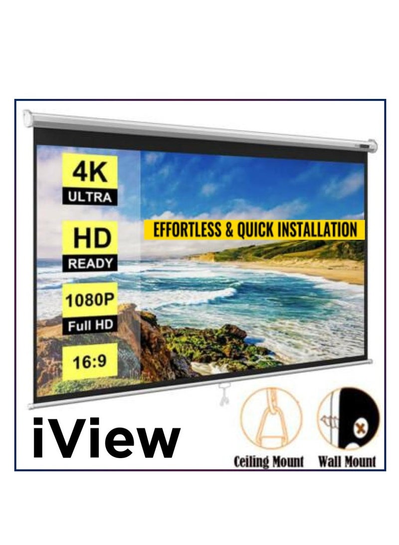 iView 150×150 cm (80″) Manual Wall/Ceiling Projector Screen – 1:1 Aspect Ratio, MaxWhite Matte Surface, Auto-Lock Pull‑Down, Dual Mount, Black Masking Borders - Image 1