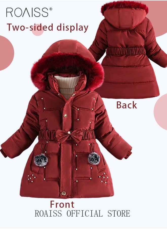 roaiss - Children's Soft and Skin Friendly Mid Length Winter Coat with Fleece and Fur Collar Solid Color Down Jacket with Simple Design and Zip Featuring Cartoon Pattern - Image 1