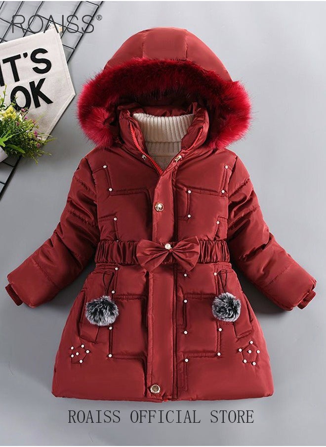roaiss - Children's Soft and Skin Friendly Mid Length Winter Coat with Fleece and Fur Collar Solid Color Down Jacket with Simple Design and Zip Featuring Cartoon Pattern - Image 1