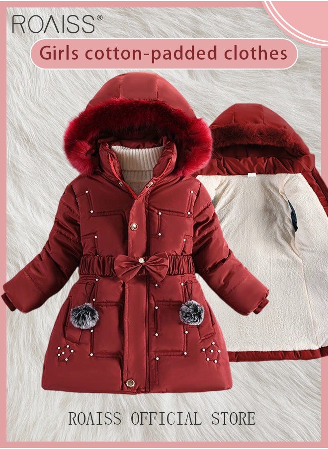 roaiss - Children's Soft and Skin Friendly Mid Length Winter Coat with Fleece and Fur Collar Solid Color Down Jacket with Simple Design and Zip Featuring Cartoon Pattern - Image 1