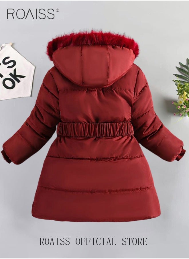 roaiss - Children's Soft and Skin Friendly Mid Length Winter Coat with Fleece and Fur Collar Solid Color Down Jacket with Simple Design and Zip Featuring Cartoon Pattern - Image 1