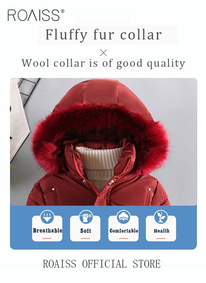 roaiss - Children's Soft and Skin Friendly Mid Length Winter Coat with Fleece and Fur Collar Solid Color Down Jacket with Simple Design and Zip Featuring Cartoon Pattern - Image 1