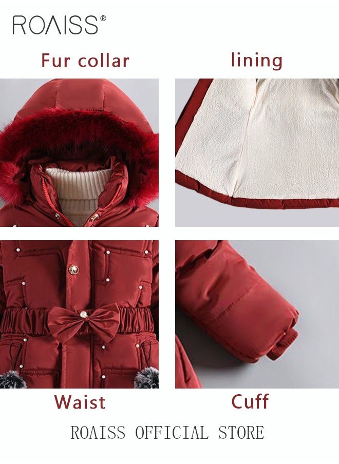 roaiss - Children's Soft and Skin Friendly Mid Length Winter Coat with Fleece and Fur Collar Solid Color Down Jacket with Simple Design and Zip Featuring Cartoon Pattern - Image 1