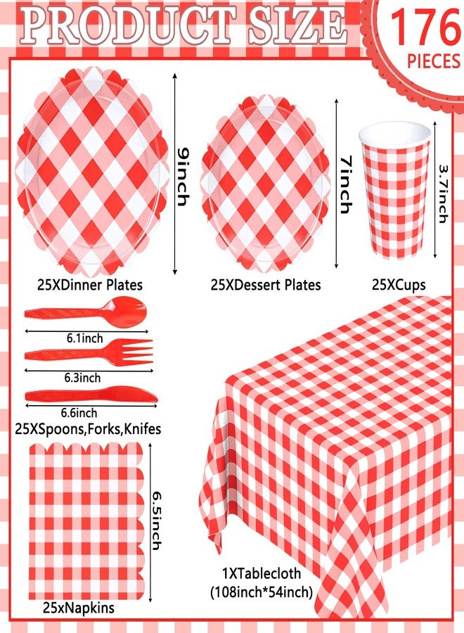 WNINK 176 PCS Red Gingham Plates and Napkins, Red Checkered Disposable Plates Set with Napkins Cups Plastic Spoons Forks Knives for Dinner Birthday Baby Shower Wedding Supplies Serve 25 Guests - Image 5